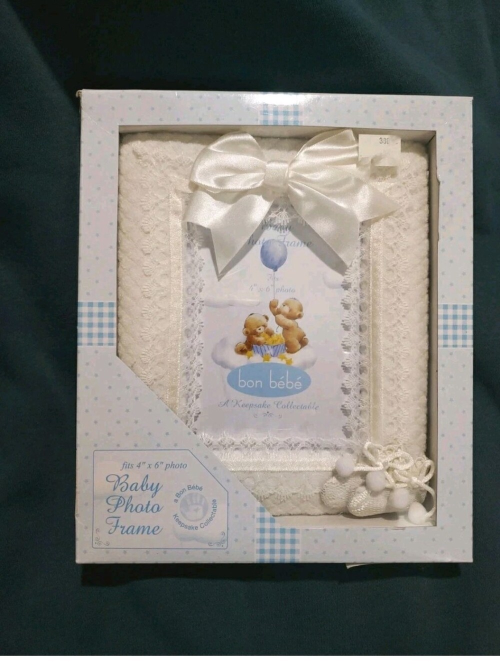 Bon Bebe Photo Frame 4"x6" Opening White Keepsake Collection Bow Booties Neutral
